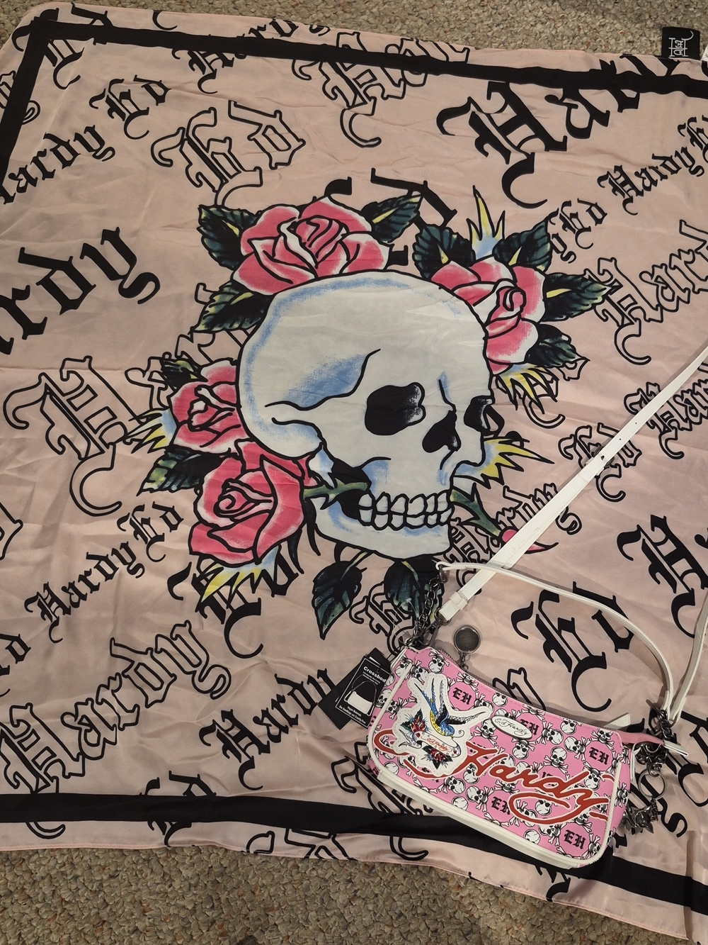 Ed Hardy Pink Skull Flowers & Bedazzled Bird  Scarf and Crossbody